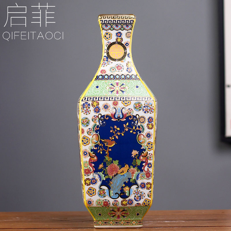 Jingdezhen porcelain qianlong enamel color floret bottle mesa sitting room rich ancient frame desktop new Chinese style household furnishing articles