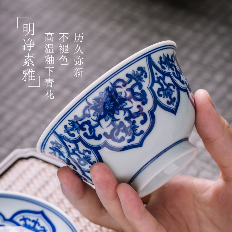 Pure manual tureen of blue and white porcelain cup three only a single large tea bowl of jingdezhen hand - made ceramic kung fu tea set