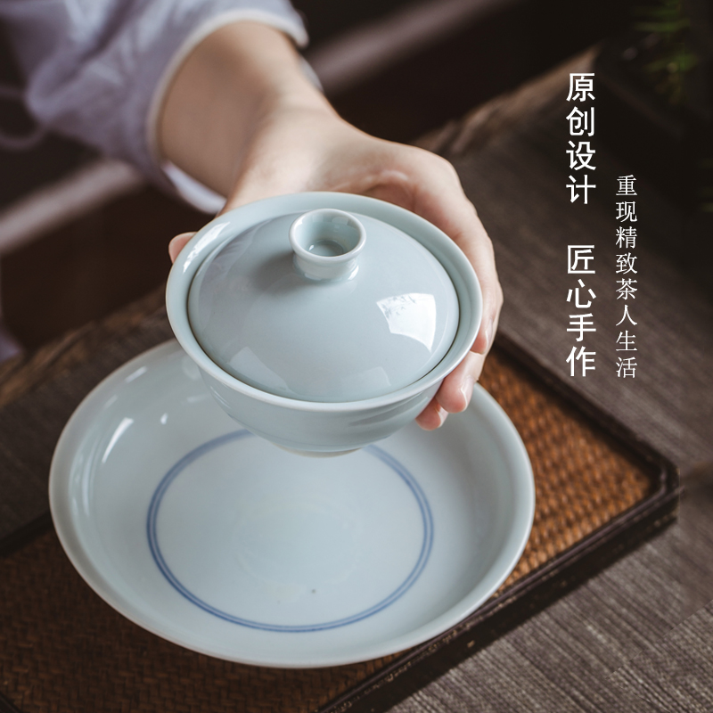 Shadow green tureen single ceramic cups to two large jingdezhen pure manual is not antique tea bowl of tea set