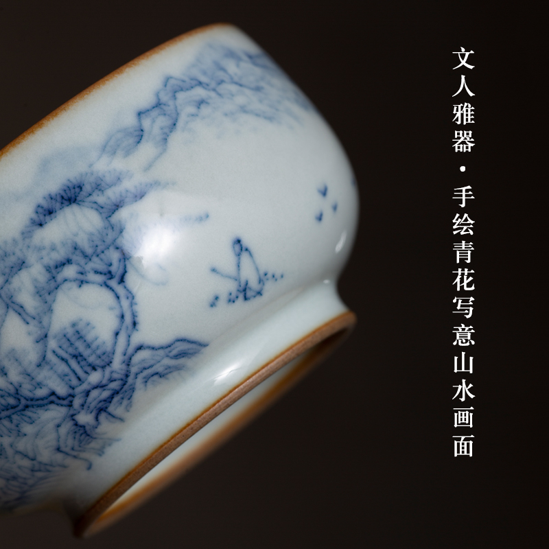 Pure manual your up jingdezhen blue and white landscape of large master cup freehand brushwork in traditional Chinese kung fu tea cup single single CPU