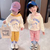 Korean girls long sleeve sweater set 2021 Spring and Autumn New Baby hooded two-piece cotton foreign children