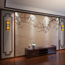 Custom TV background wall wainscoting Bamboo wood fiberboard Chinese living room ancient style plum blossom high light painting