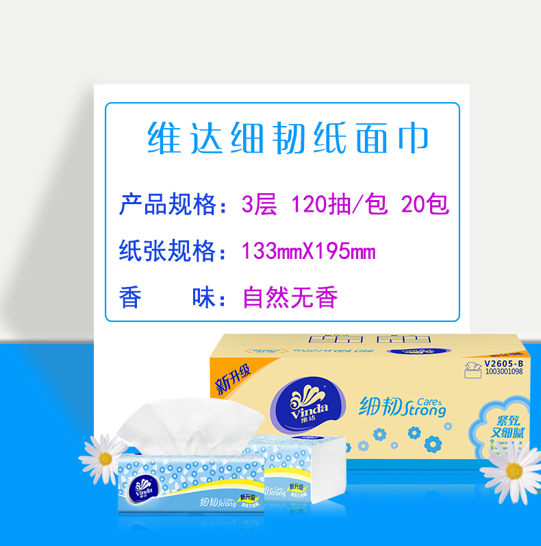 维达细韧纸面巾产品规格:3层120抽/包20包纸张规格:133mmX195mm香味:自然无香AEV2605-B1003001098紧又细腻细韧-推好价 | 品质生活 精选好价