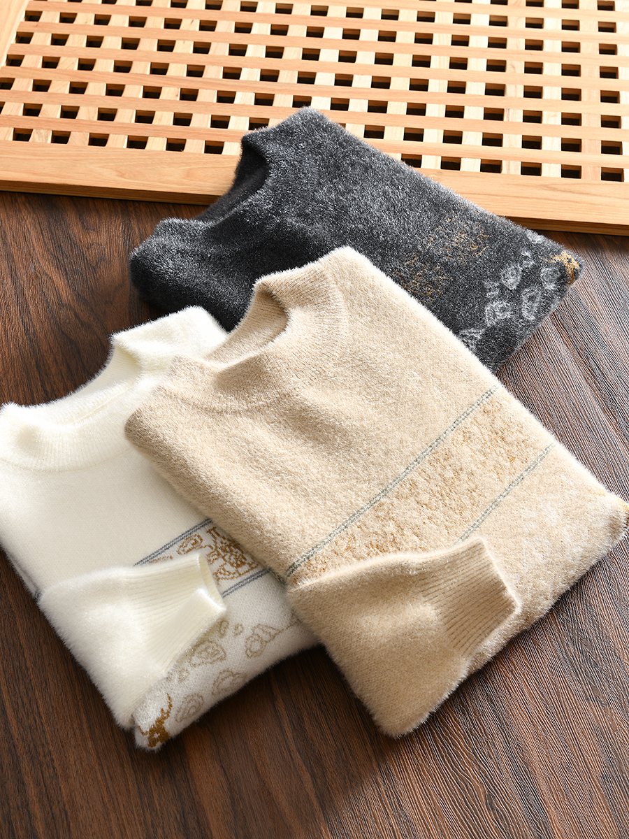 Soft and Delicate! Foreign Trade Men's Autumn and Winter round Neck Waterproof Mink Jacquard Sweater Sweater