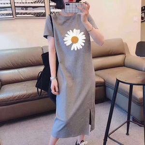95%纯棉大码女装2020夏季新款过膝连衣裙女宽松显瘦学生短袖t恤