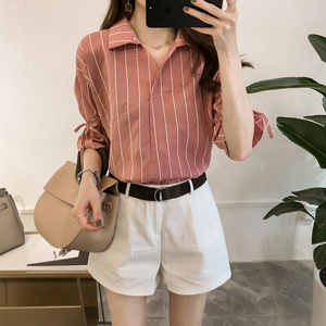 2020夏装女装新款韩范系带短袖条纹衬衫女宽松休闲衬衣BF大码上衣