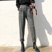 Plaid woolen wide-leg pants womens autumn and winter retro high waist slim Joker radish pants nine-point small feet Harlan long pants