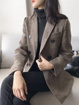 Plaid suit jacket women autumn and winter Korean retro temperament fashion slim Joker woolen long small suit
