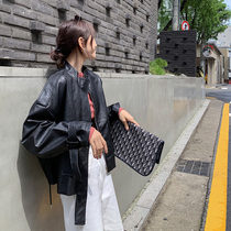 Black Locomotive Leather Clothing Women 2021 Spring and Autumn New bf Wind Loose Stand Collar Top Temperament Short Jacket Jacket