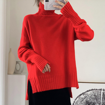 Red Sweater Womens 2020 Winter New Vintage Loose Casual Lazy Style Top High Neck Knitted Sweater