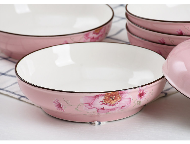 红杜鹃 陶瓷盘子家用菜盘子10个装日式7英寸创意深盘加厚彩色汤盘_领