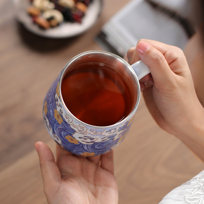 Jingdezhen 999 sterling silver enamel porcelain teacup coppering. As silver mark cup with cover cup office master CPU