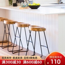 Bar stool Modern simple log solid wood household bar stool casual dining stool Retro wrought iron high-legged front desk chair
