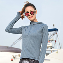 Spring and Autumn Outdoor Quick Clothes Womens Thin Breathable Elastic Hooded Long Sleeve Mountaineering Hiking Fitness Sunscreen T-shirt