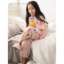 Beyan childrens pajamas set cotton autumn cute sweet long sleeve home clothes girl loose cardigan suit Cotton