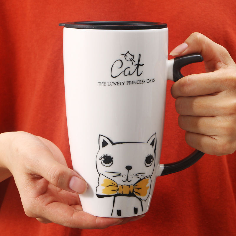 Contracted cat mark cup big volume ceramic cup, lovely breakfast cup home office with cover run water cup
