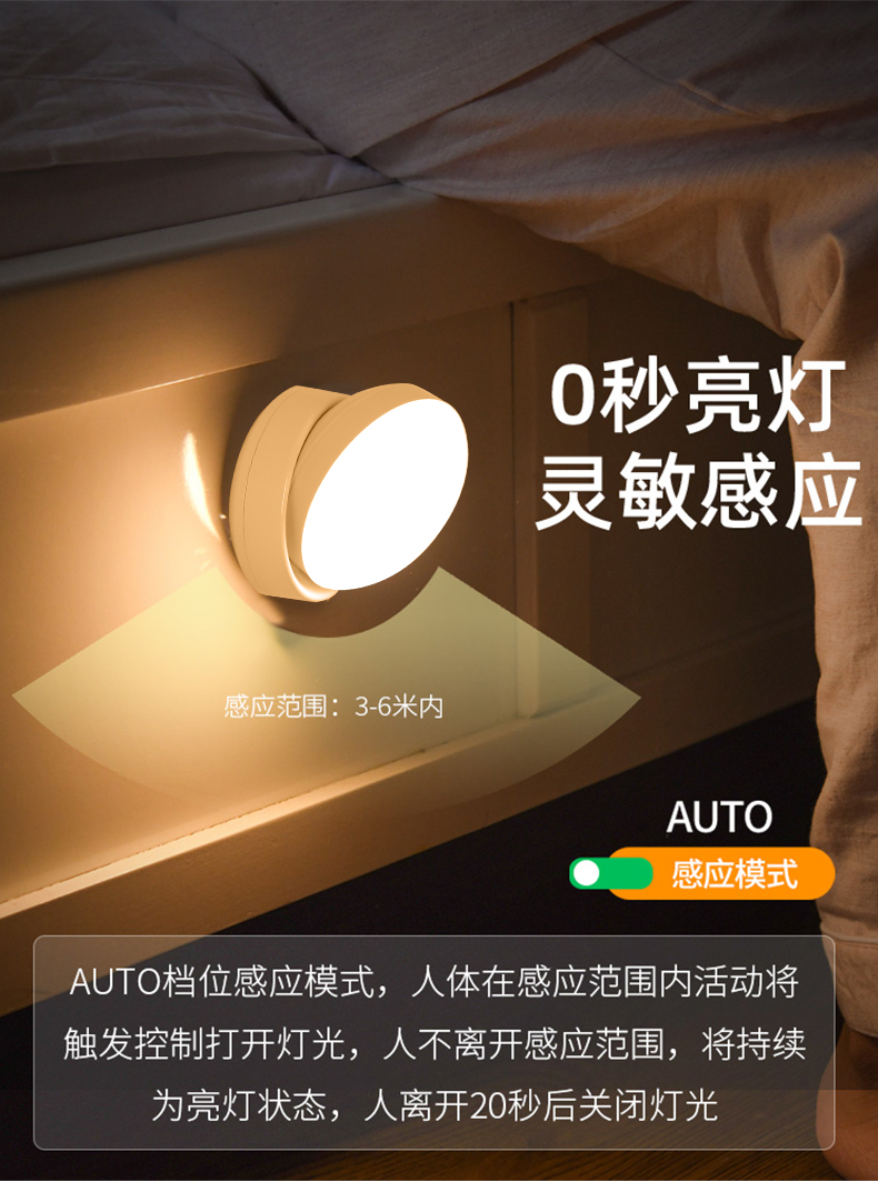 智能人体感应小夜灯led声控灯光控可充电池式家用过道楼道柜子灯