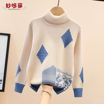 Girls' sweaters high-collar autumn winter 2023 new girl winter velvet and thicker middle school children's knitted shirts