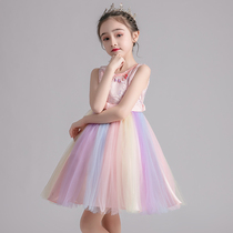 Girls summer dress 2021 summer new girl princess dress pink puffy gauze dress children rainbow dress