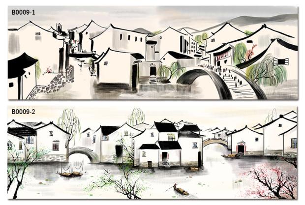 中式黑白水墨壁纸风景画餐厅墙纸火锅饭店包厢背景江南水乡壁画