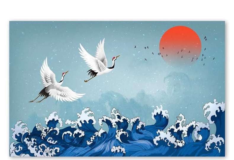 新中式电视背景墙壁纸中国风古典蓝海浪仙鹤壁画客厅影视墙纸墙布