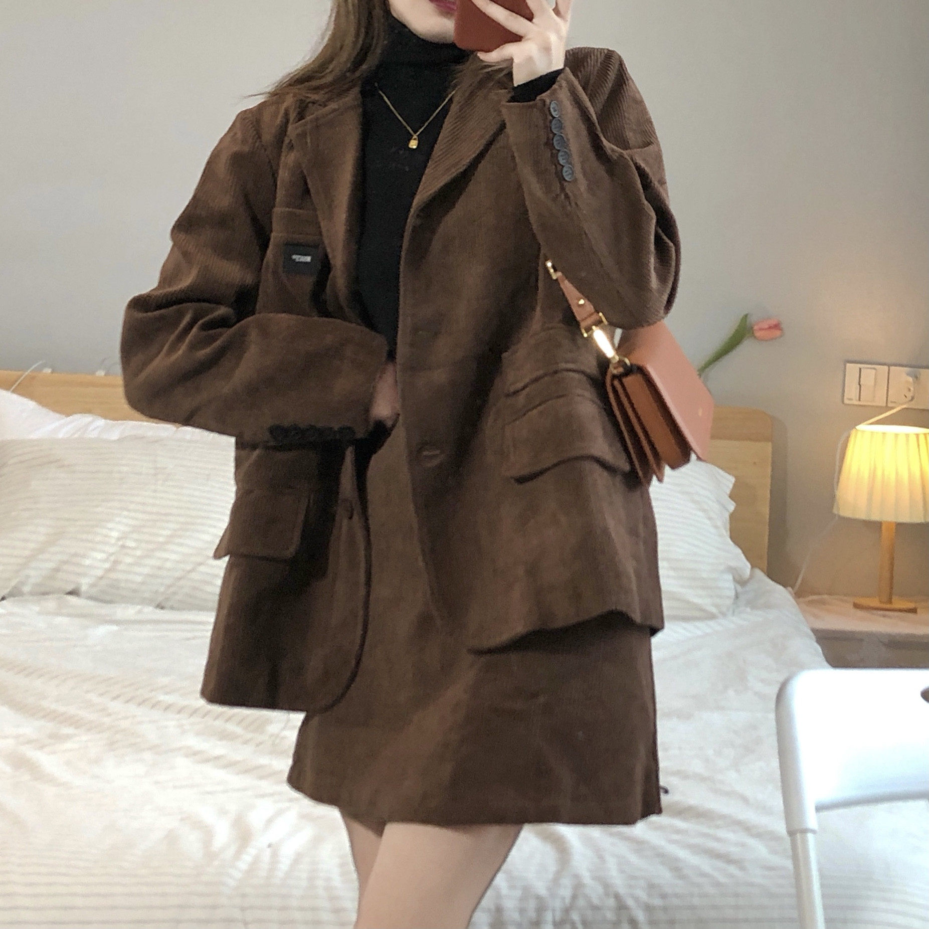 实拍实价mm洋气蓝色灯芯绒套装字母贴布西装外套高腰半身裙a字裙