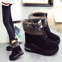 women's winter fashion height increasing snow boots for rabbit fur high heel platform casual shoes with fleece thick cotton shoes