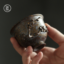Clay Pai People Fall Ash Wood Burning handmade Flowers Tea Cup Engraving ceramic coarse Tao Masters cup Individual Cup Gongfu Tea furniture