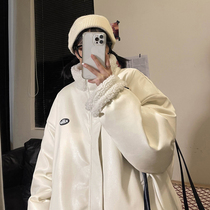 women's white pu leather lamb wool coat winter thick double-faced cotton clothing Korean style loose ins harajuku port style cotton jacket