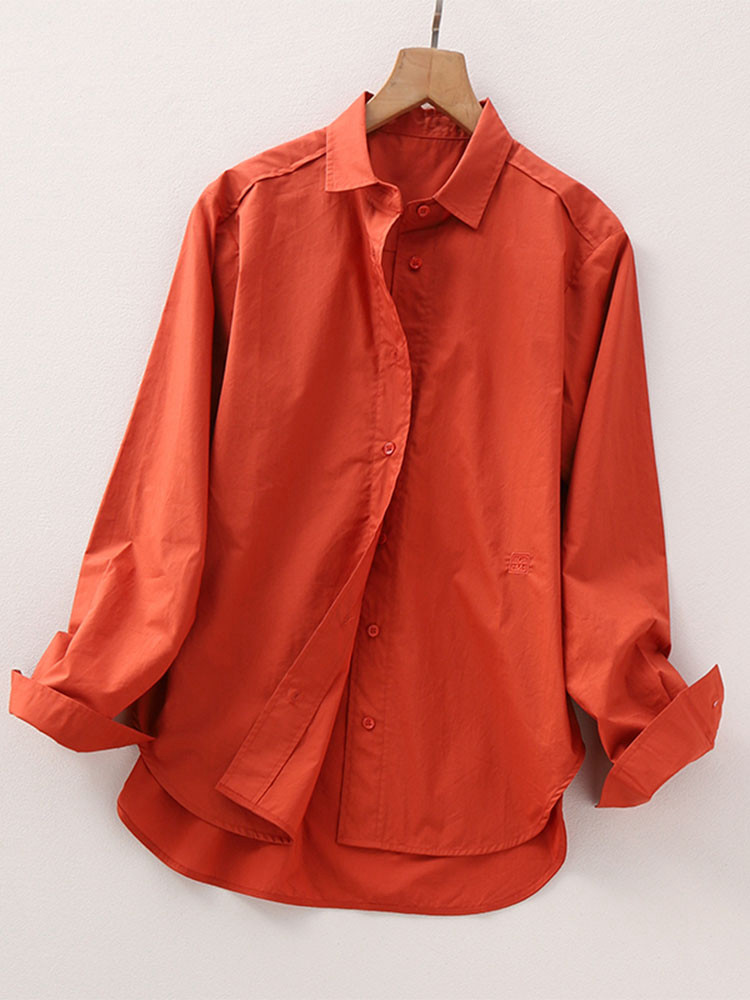 欧货设计感小众橘红色上衣女2025春休闲复古做旧翻领长袖宽松衬衫
