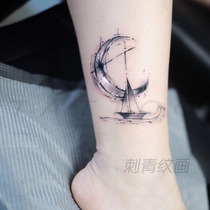 Tattoo stickers on the waves on the moon sailboat original 2022 net red new ankle small arm small fresh ink style