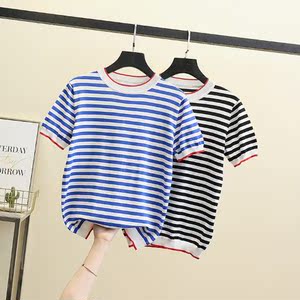 短袖2021年新款夏季宽松显瘦半袖上衣条纹冰丝针织衫薄款t恤女潮