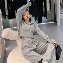 Net Red Fried Street Style Suit Womens Aging Ocean Harbor Wind Retro Chic Grey Casual Sports Sweatshirt Two Suits