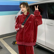 New Year Red Casual Sports Suit Women Autumn Winter Tennis Net Red Temperament Fan Gold Velvet Plus Suede Thickened Two-piece Set