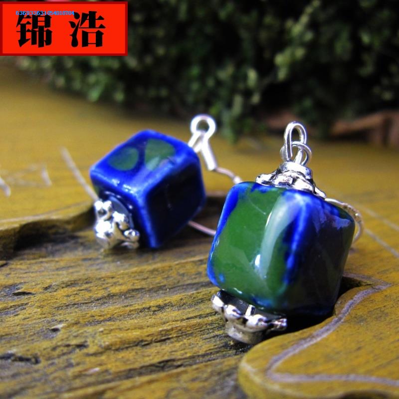 Jin hao ceramic jewelry pendants checking folk blue and white porcelain earrings earrings blue flower Chinese wind girlfriends a gift