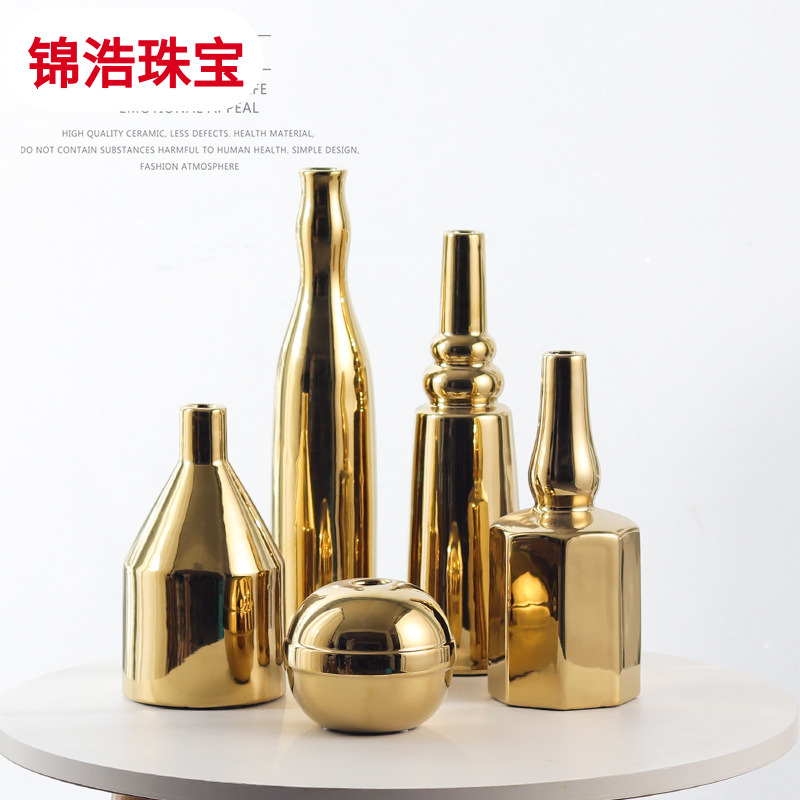 Nordic light ins style key-2 luxury gold ceramic vases, soft adornment electroplating modern creative home furnishing articles arts and crafts