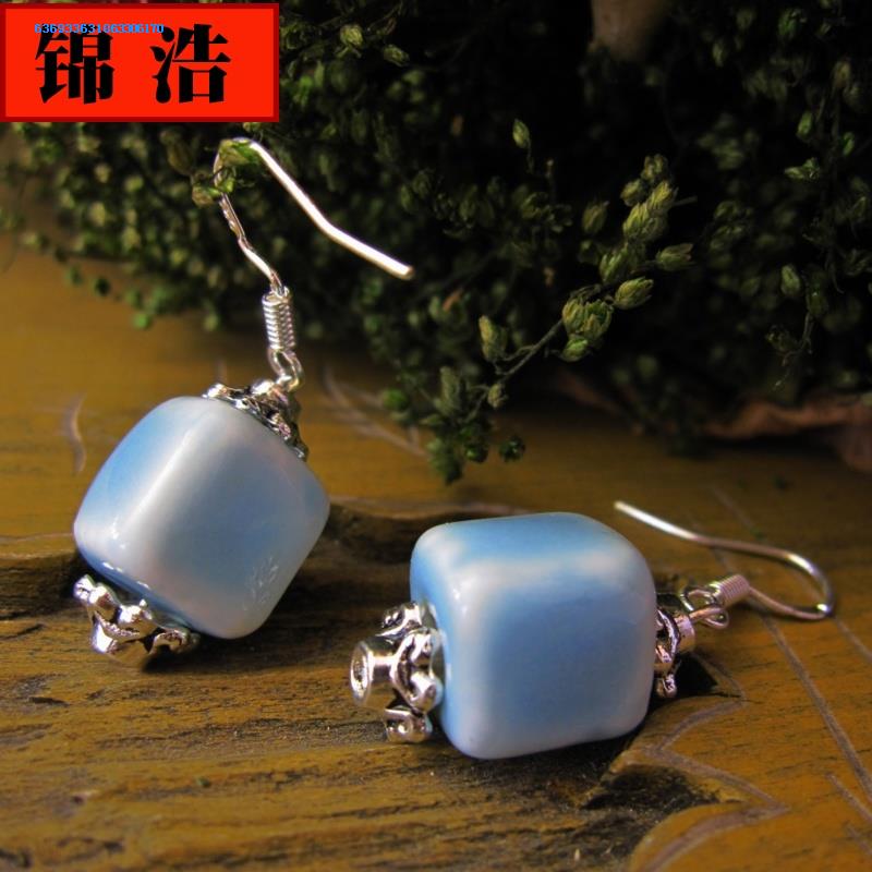 Jin hao ceramic jewelry pendants checking folk blue and white porcelain earrings earrings blue flower Chinese wind girlfriends a gift