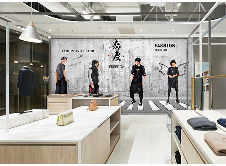时尚男士服装店铺墙纸潮流吧台背景墙装修个性潮牌男装店装饰壁纸