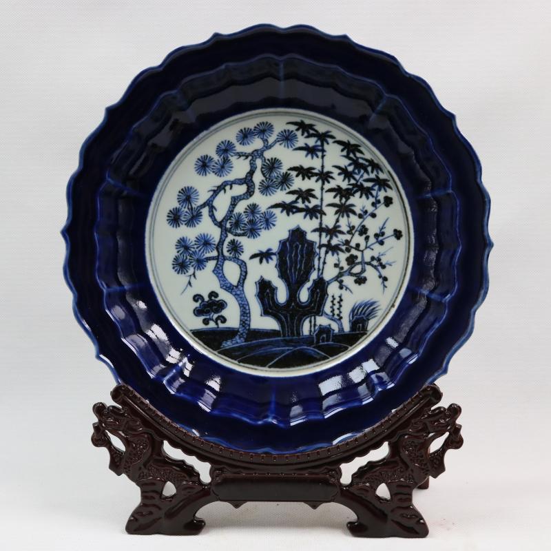 Jingdezhen generic reward of zheng he 's offering gong Ming yongle years offering discount indigo decorative pattern plate plate of restoring ancient ways furnishing articles