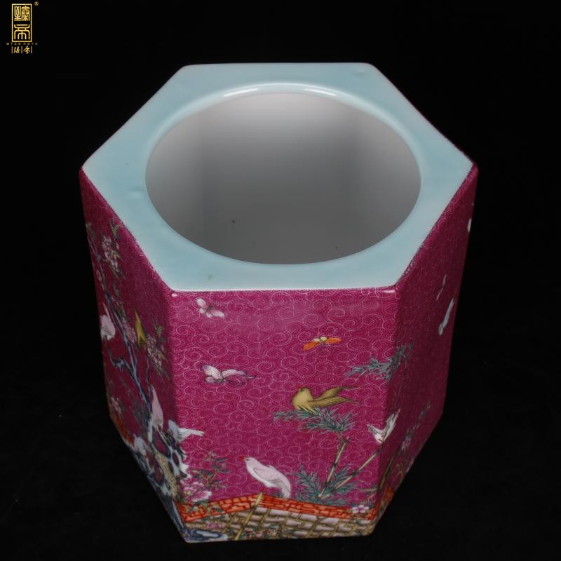 Archaize of jingdezhen porcelain yongzheng colored enamel painting of flowers and the six - party big brush pot pen sea Chinese four desk office furnishing articles