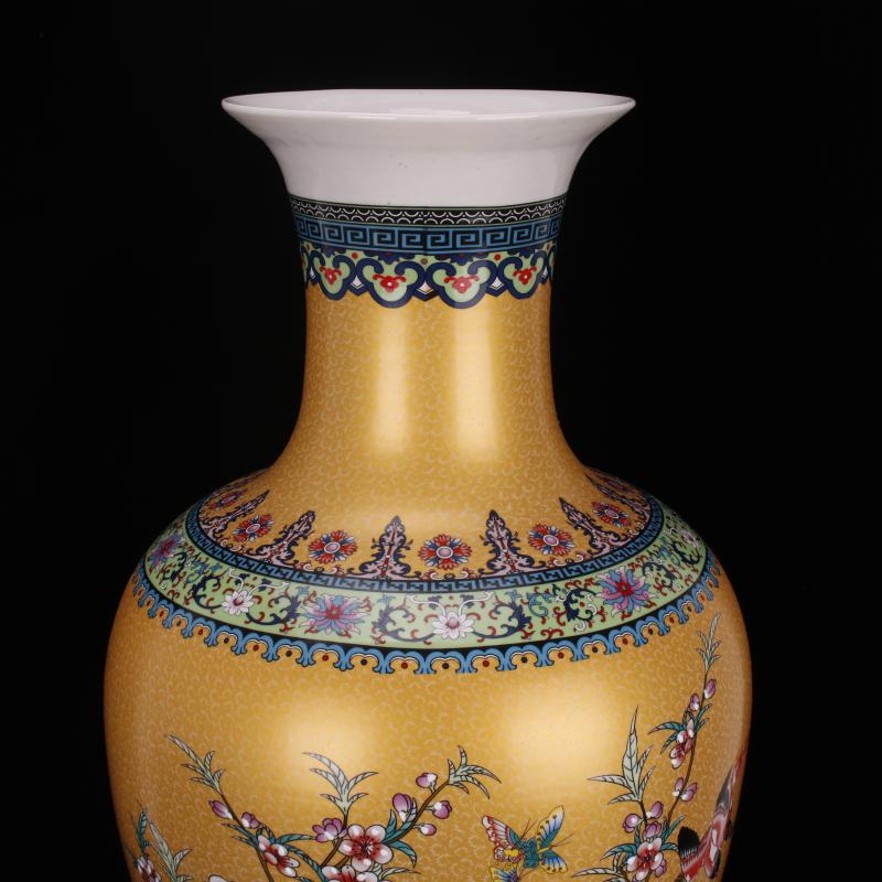 Jingdezhen imitation qianlong antique colored enamel in yellow flowers and birds landing big goddess of mercy bottle Chinese style classical Ming and the qing dynasty vase