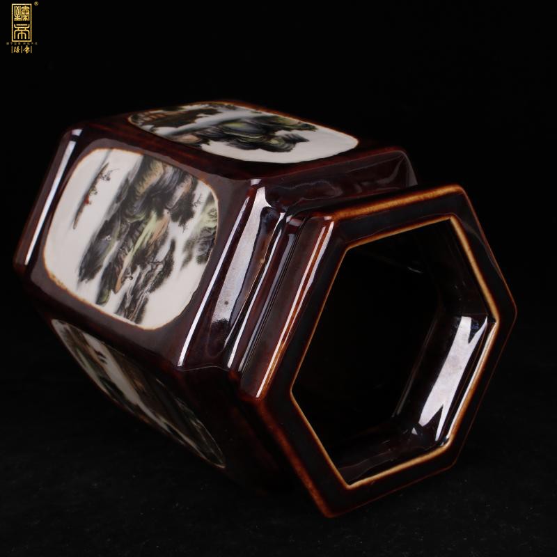 Jingdezhen copy end of qianlong style antique vintage boutique landscape the six - party brush pot "four desk place, Chinese style restoring ancient ways