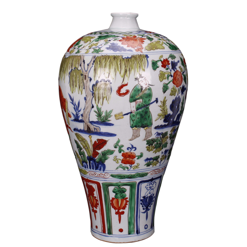 Jingdezhen antique antique imitation yuan mei bottle pure hand draw colorful characters ancient ceramic decoration old items collection