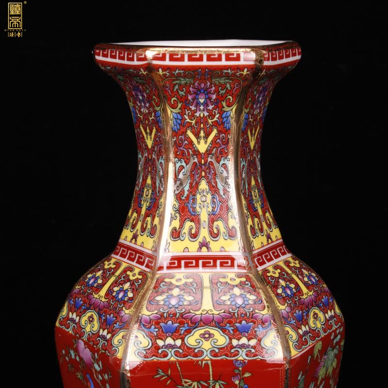 Jingdezhen imitation qianlong six - party colored enamel vase of new Chinese style red to birds and flowers sitting room adornment antique antique furnishing articles