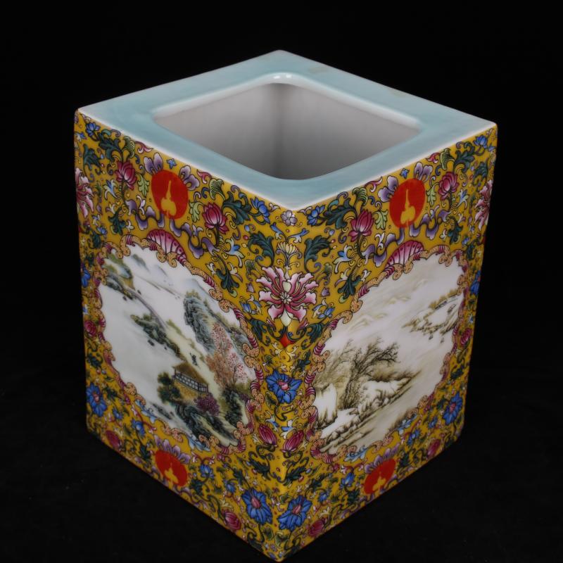 Archaize of jingdezhen porcelain yongzheng colored enamel landscape square big brush pot "four desk pen sea Chinese antique furnishing articles