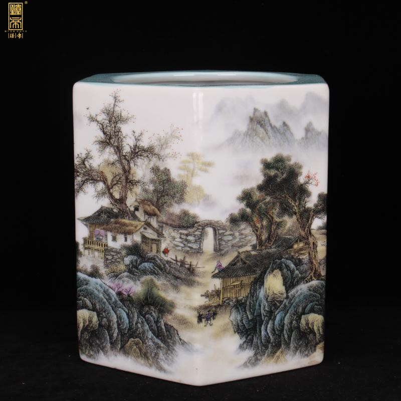 Archaize of jingdezhen porcelain qianlong pastel scenery the six - party big brush pot pen sea Chinese four desk office furnishing articles