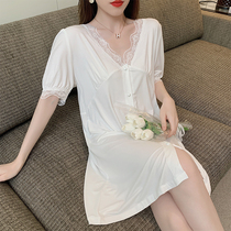 2022 New Sleeping Dress Woman Summer Thin short sleeves Loose Modale Pure Cotton Pyjamas Sexy Lace House Dress