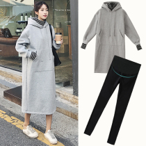 Pregnant womens autumn suit fashion autumn sweater jacket womens long winter jacket plus velvet thickened two-piece set