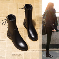 Tide brand leather horse boots female 2021 autumn and winter New plus velvet midcylinder Joker Net red thin boots flat short boots