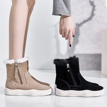 2021 Winter new leather short tube womens shoes fashion cotton shoes plus velvet thick-soled Joker Net red flat snow boots women